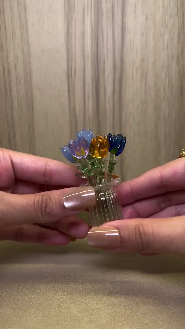 Enchanted Mini Glass Flower Vase with Handcrafted Crystal Bloom Bouquet