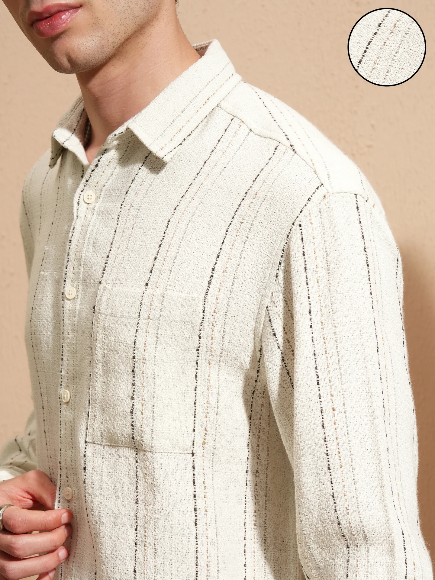 Premium Ivory Vertical Stripe Textured Men's Casual Shirt | Smart Slim Fit Full Sleeve Shirt | Stylish Everyday & Party Wear