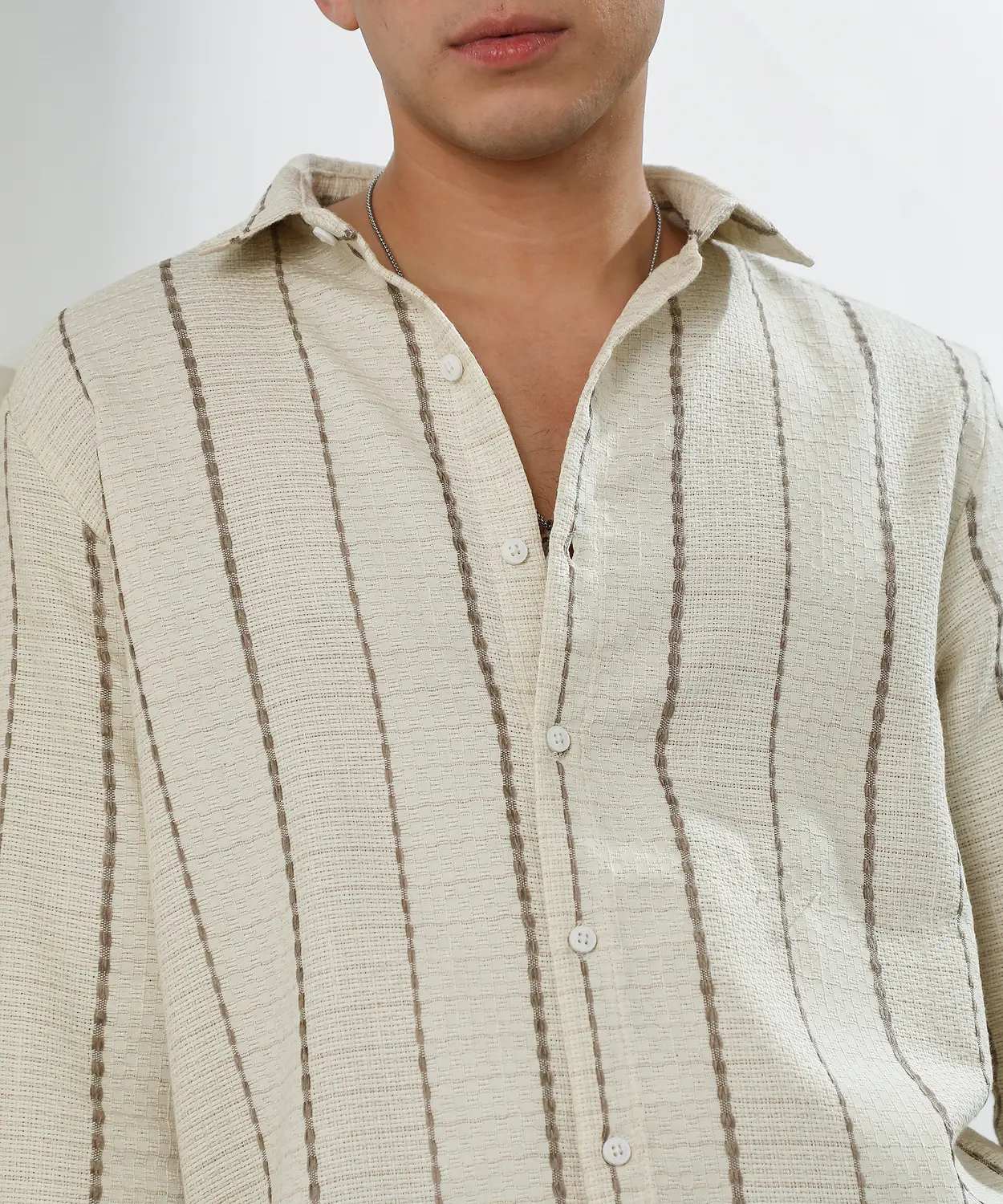 Premium Ivory Vertical Stripe Textured Men's Casual Shirt | Smart Slim Fit Full Sleeve Shirt | Stylish Everyday & Party Wear