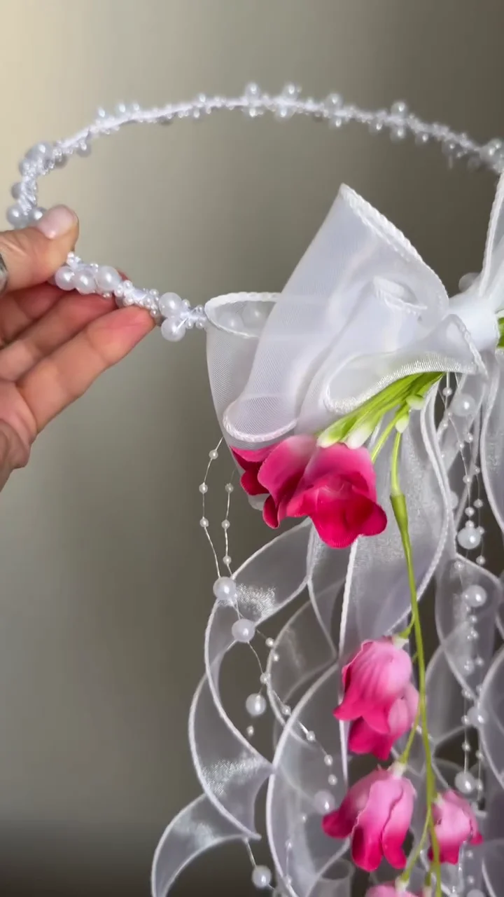 Fairy Bloom Pearl Bow Hair Hoop with Cascading Rose Tassels