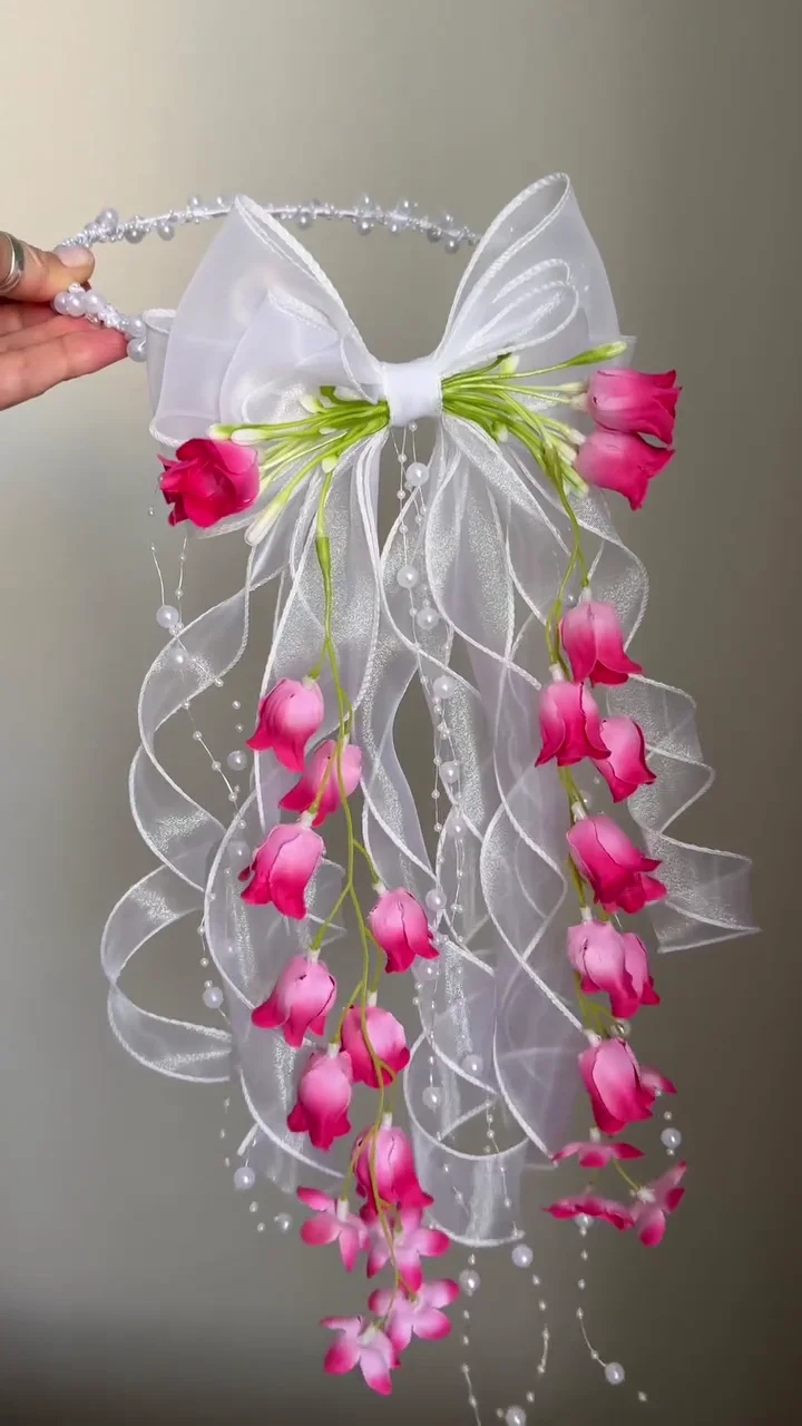 Fairy Bloom Pearl Bow Hair Hoop with Cascading Rose Tassels